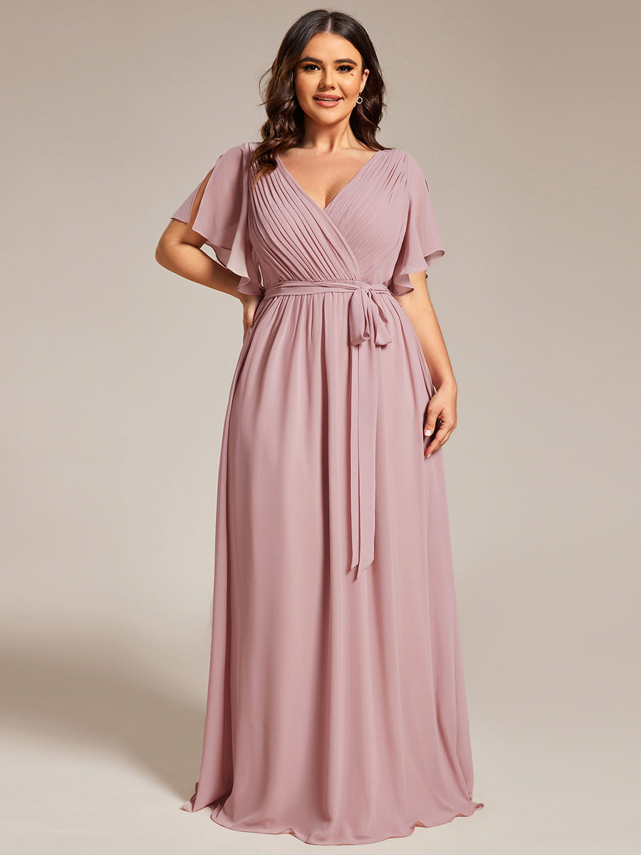 V-Ausschnitt kurze Ärmel Bodenlaenge A-Linie Chiffon Abendkleider #Farbe_Altrosa