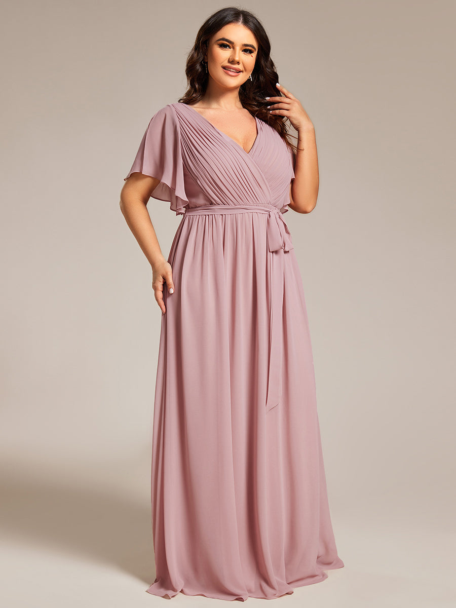 V-Ausschnitt kurze Ärmel Bodenlaenge A-Linie Chiffon Abendkleider #Farbe_Altrosa