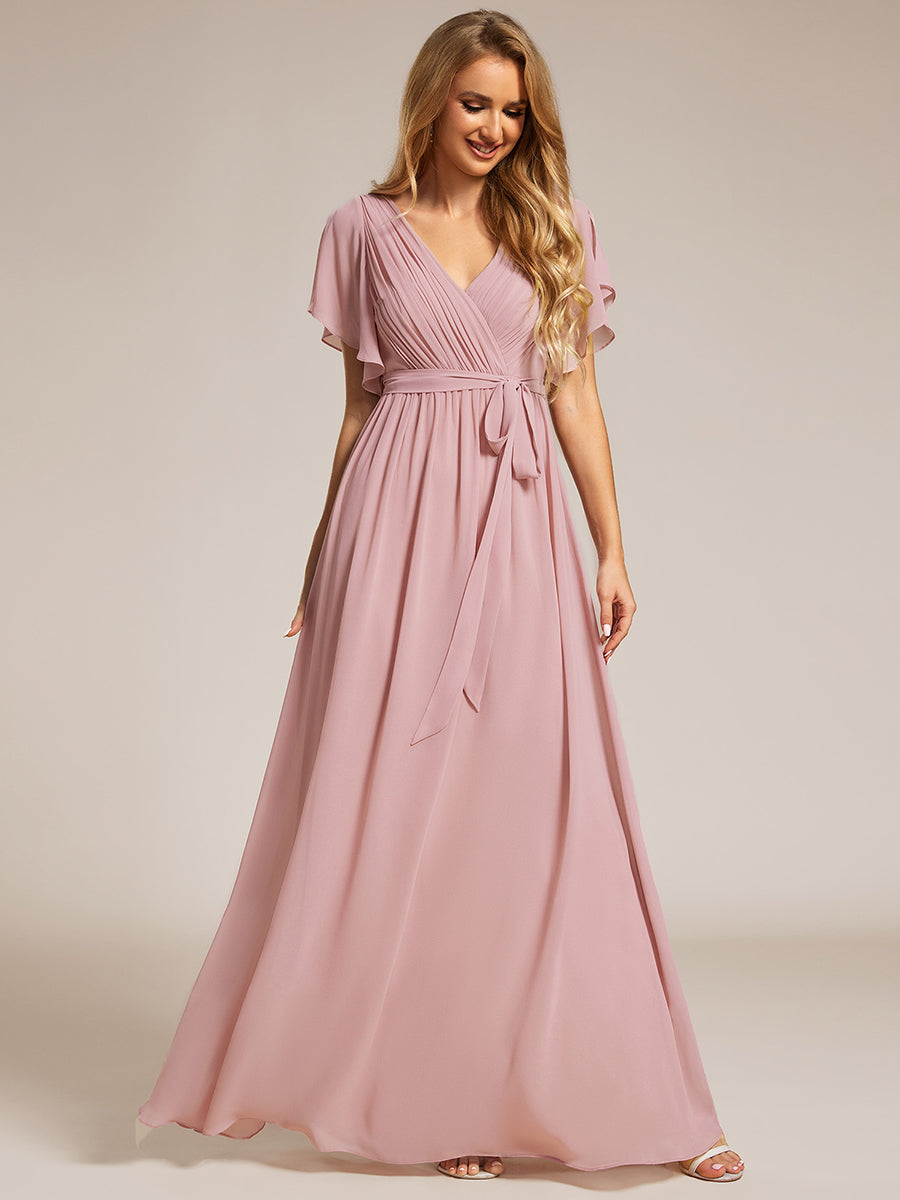 V-Ausschnitt kurze Ärmel Bodenlaenge A-Linie Chiffon Abendkleider #Farbe_Altrosa