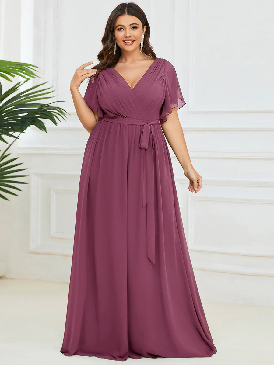 V-Ausschnitt kurze Ärmel Bodenlaenge A-Linie Chiffon Abendkleider #Farbe_Pflaumenviolett