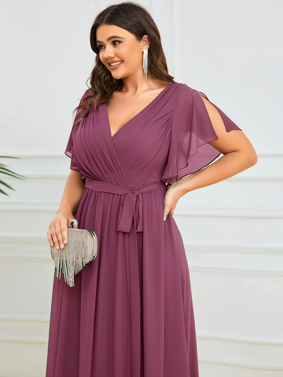V-Ausschnitt kurze Ärmel Bodenlaenge A-Linie Chiffon Abendkleider #Farbe_Pflaumenviolett