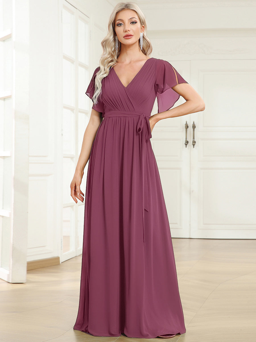 V-Ausschnitt kurze Ärmel Bodenlaenge A-Linie Chiffon Abendkleider #Farbe_Pflaumenviolett