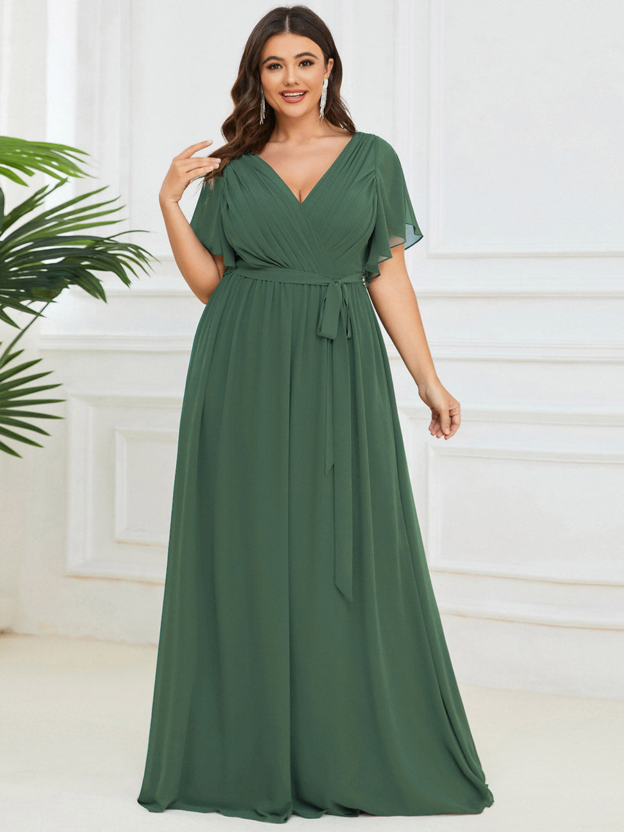 V-Ausschnitt kurze Ärmel Bodenlaenge A-Linie Chiffon Abendkleider #Farbe_Eukalyptus