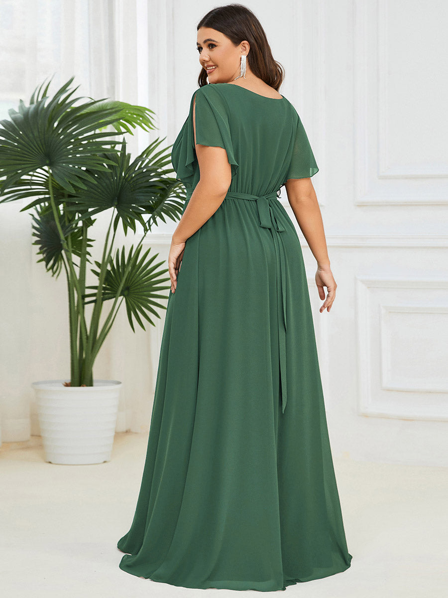 V-Ausschnitt kurze Ärmel Bodenlaenge A-Linie Chiffon Abendkleider #Farbe_Eukalyptus