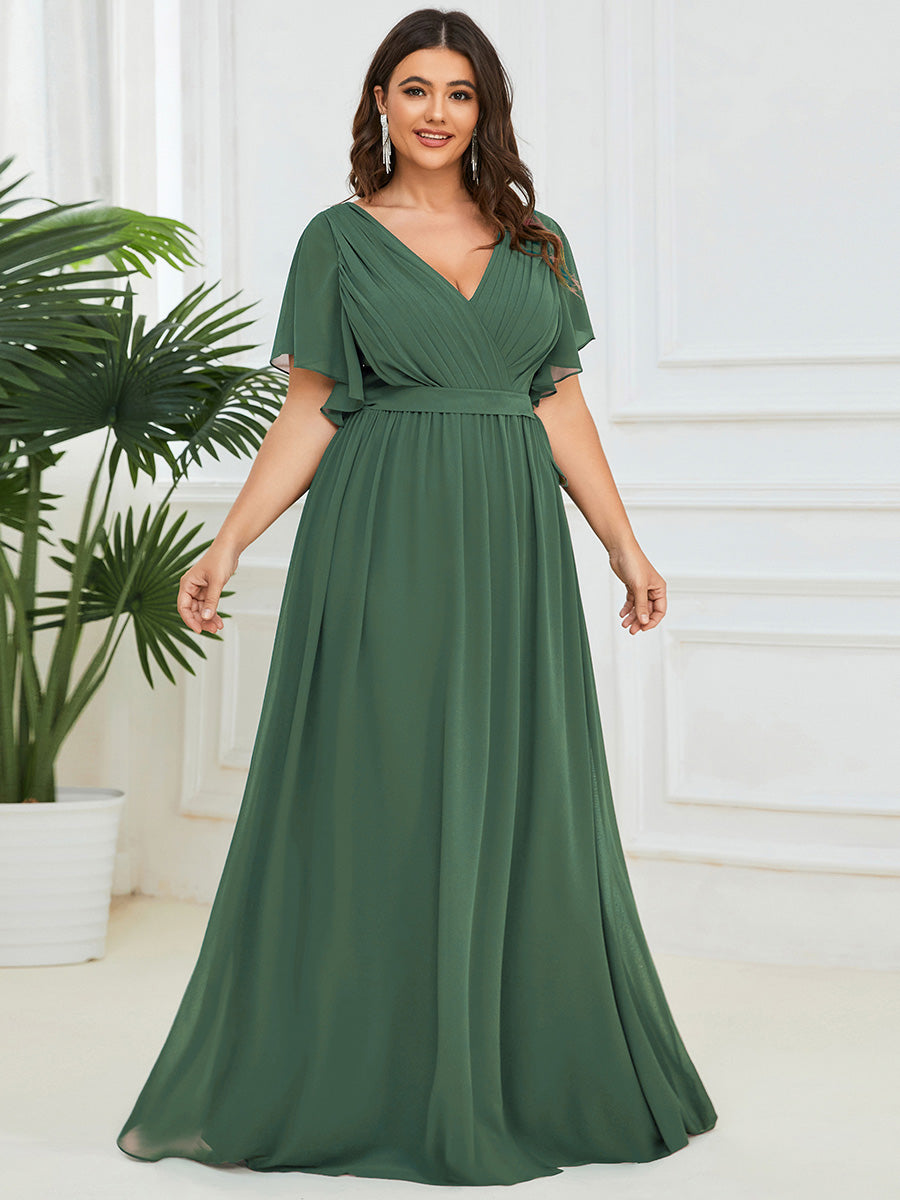 V-Ausschnitt kurze Ärmel Bodenlaenge A-Linie Chiffon Abendkleider #Farbe_Eukalyptus