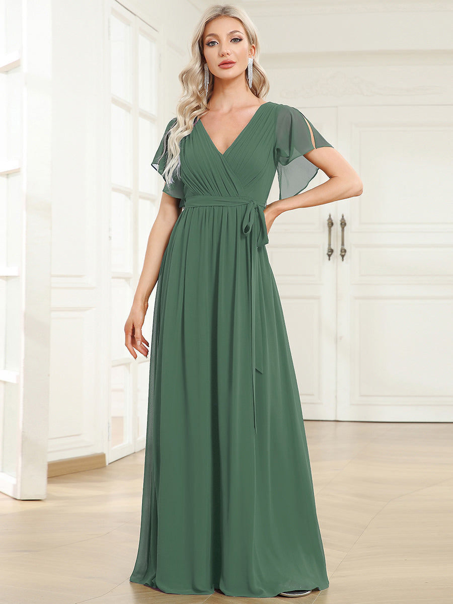 V-Ausschnitt kurze Ärmel Bodenlaenge A-Linie Chiffon Abendkleider #Farbe_Eukalyptus