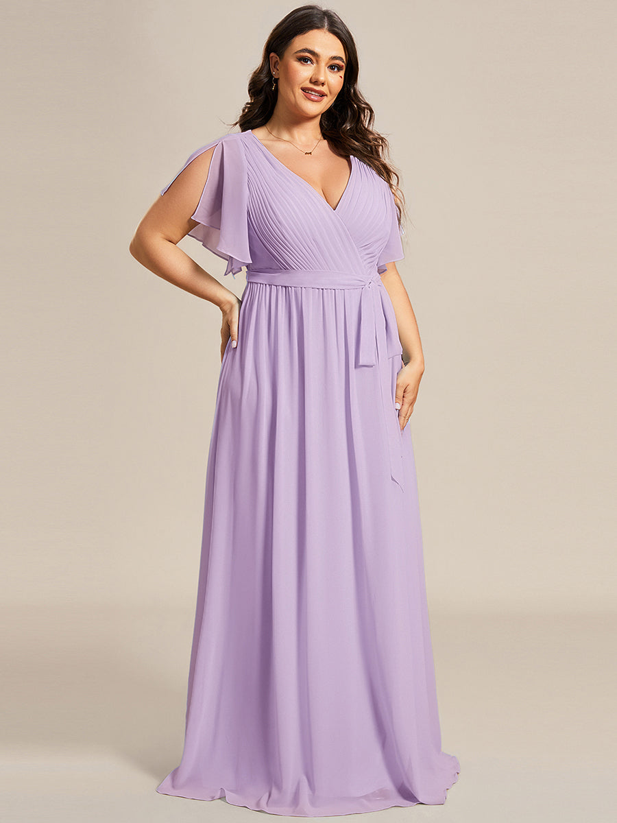 V-Ausschnitt kurze Ärmel Bodenlaenge A-Linie Chiffon Abendkleider #Farbe_Mattflieder