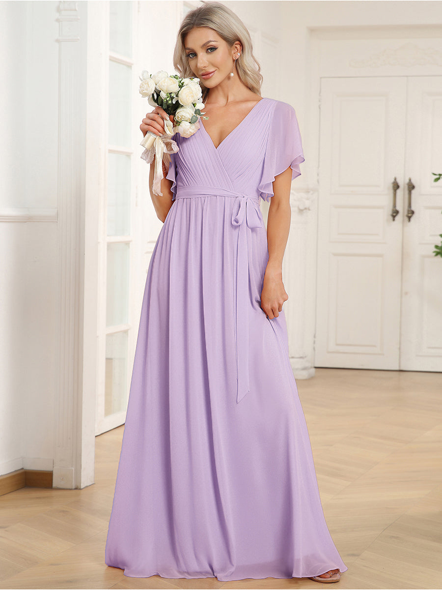 V-Ausschnitt kurze Ärmel Bodenlaenge A-Linie Chiffon Abendkleider #Farbe_Mattflieder