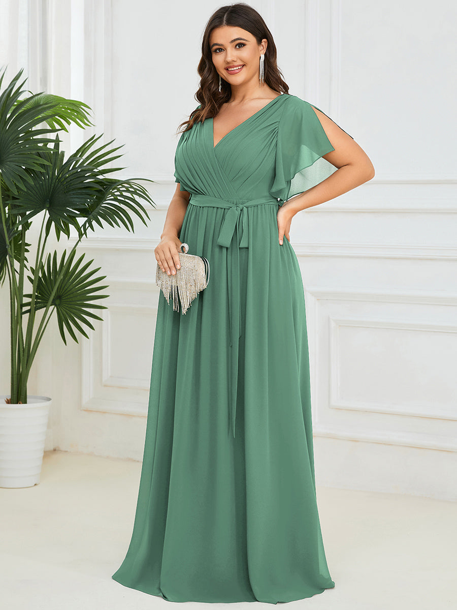 V-Ausschnitt kurze Ärmel Bodenlaenge A-Linie Chiffon Abendkleider #Farbe_Khakigrün