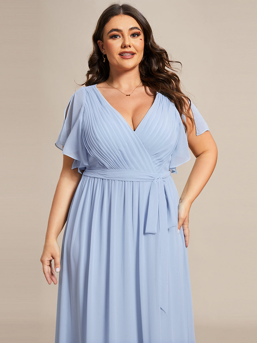 V-Ausschnitt kurze Ärmel Bodenlaenge A-Linie Chiffon Abendkleider #Farbe_Eisblau