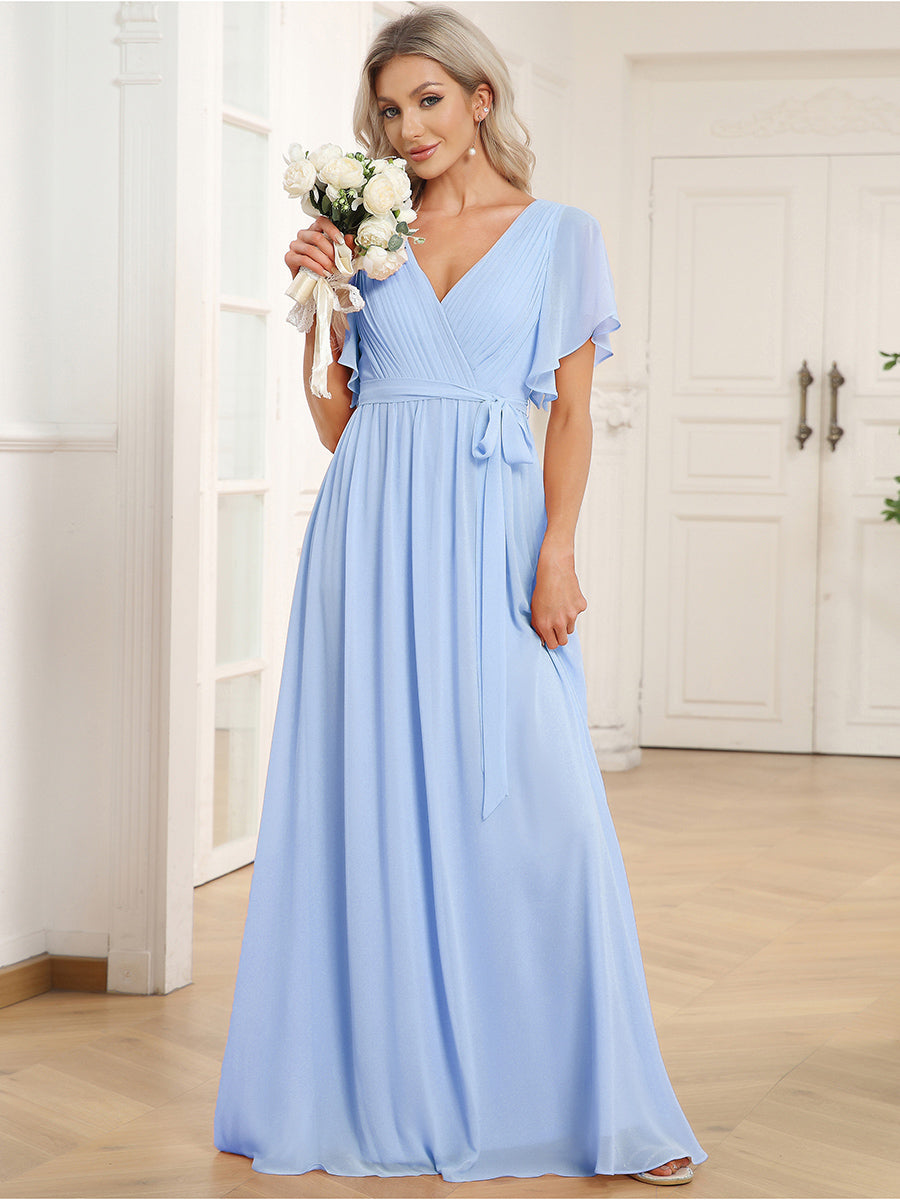 V-Ausschnitt kurze Ärmel Bodenlaenge A-Linie Chiffon Abendkleider #Farbe_Eisblau