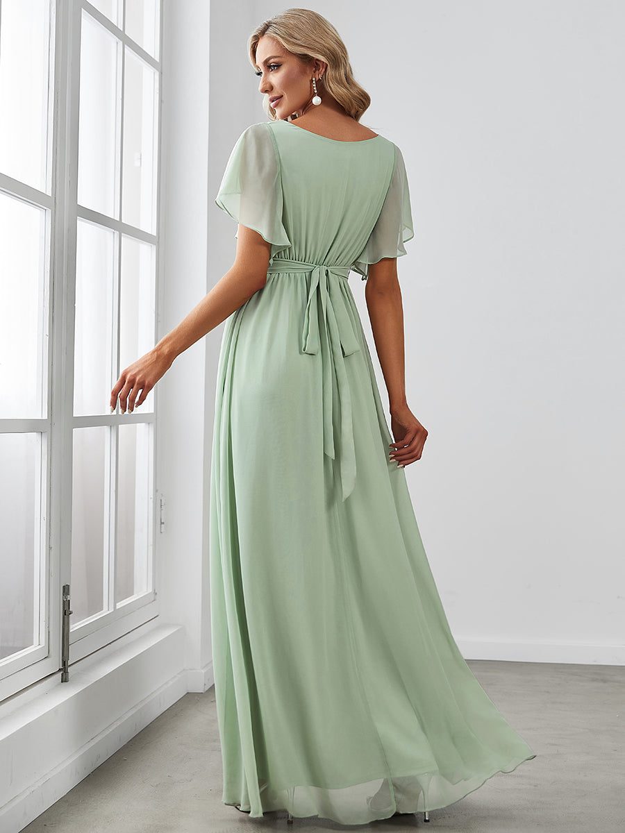 V-Ausschnitt kurze Ärmel Bodenlaenge A-Linie Chiffon Abendkleider #Farbe_Mintgrün