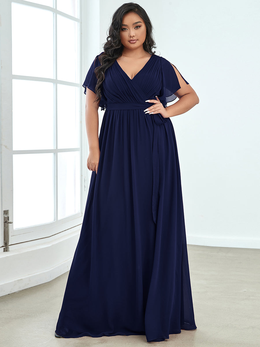 V-Ausschnitt kurze Ärmel Bodenlaenge A-Linie Chiffon Abendkleider #Farbe_Marineblau