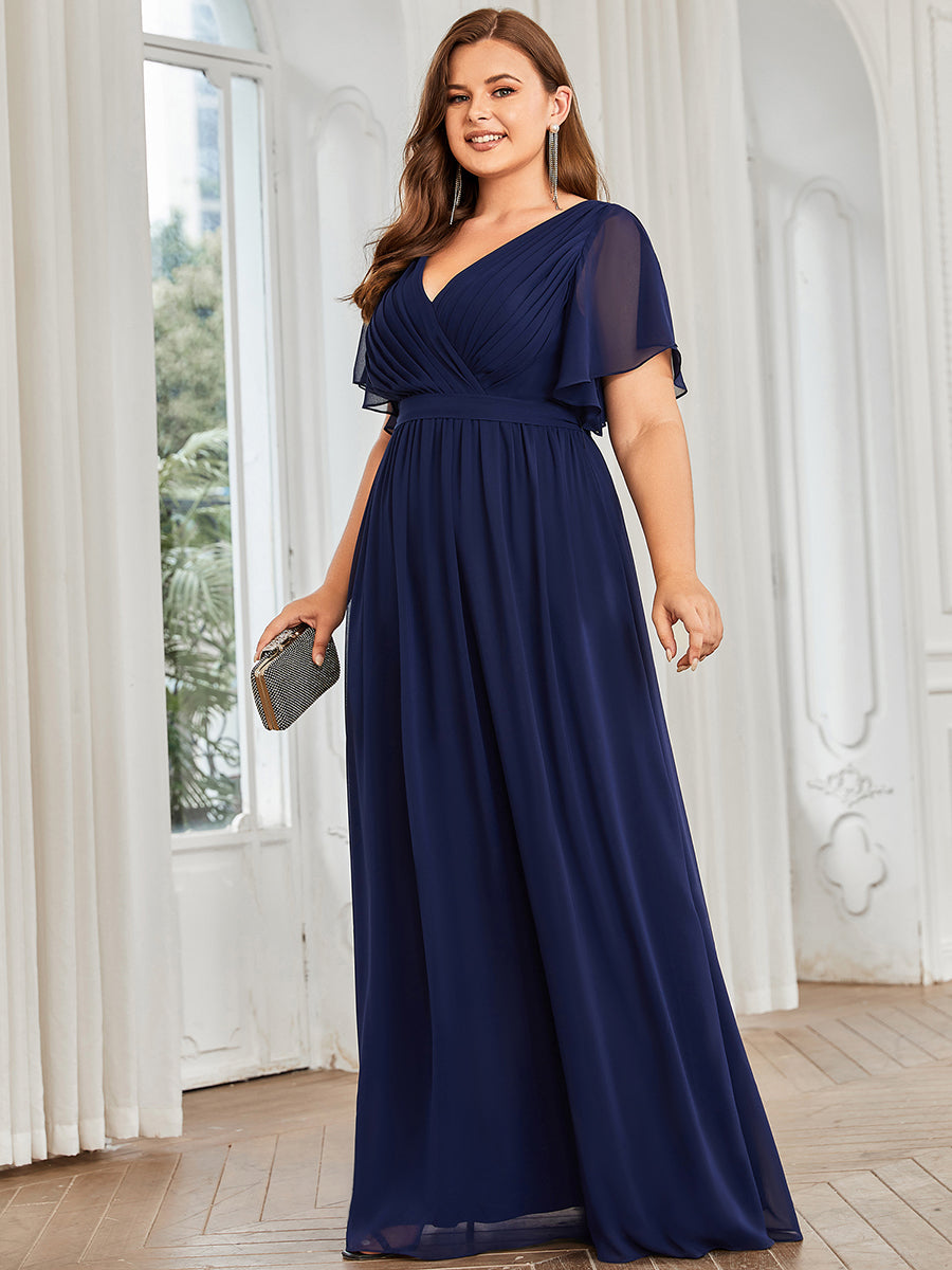 V-Ausschnitt kurze Ärmel Bodenlaenge A-Linie Chiffon Abendkleider #Farbe_Marineblau