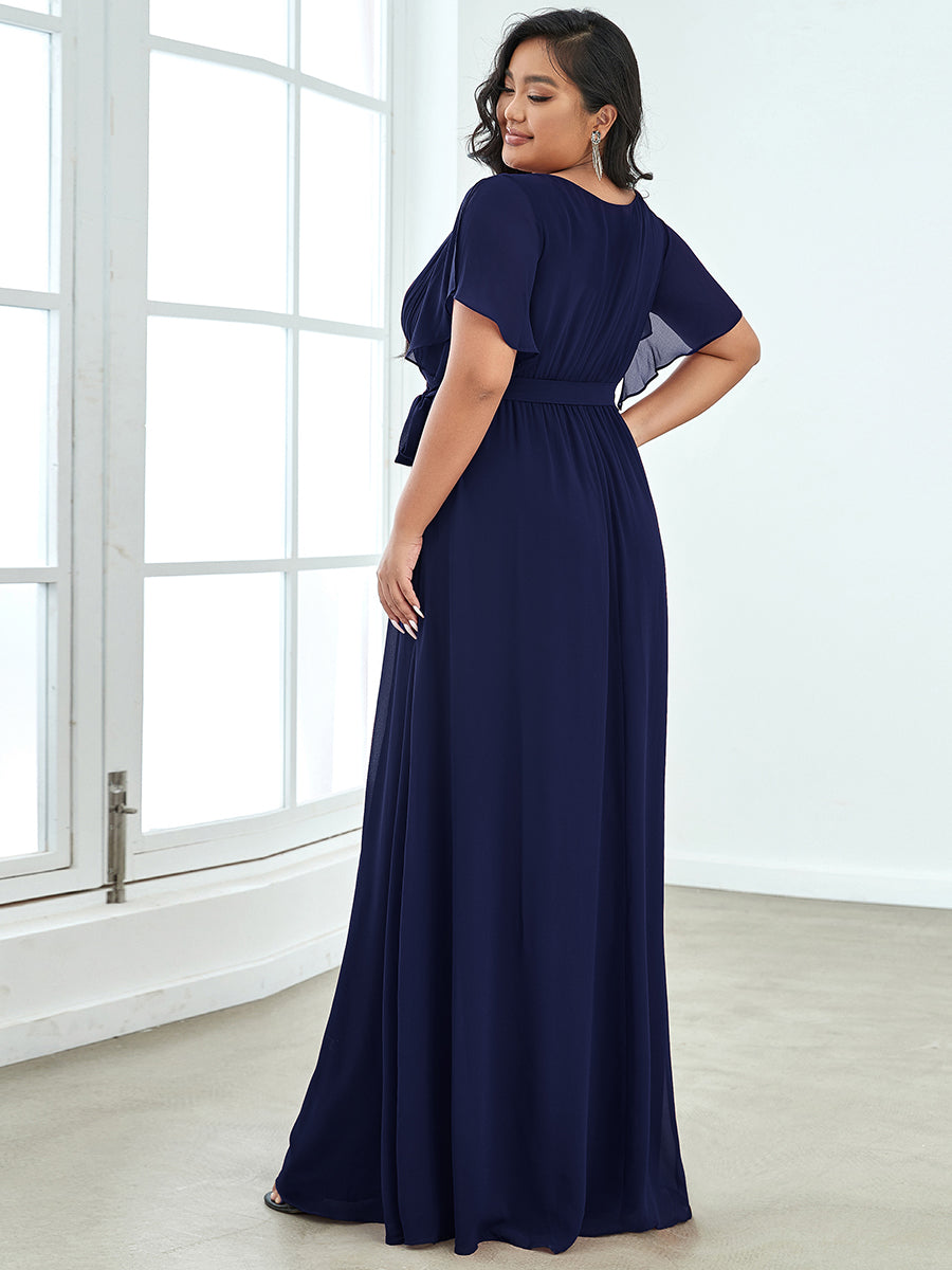 V-Ausschnitt kurze Ärmel Bodenlaenge A-Linie Chiffon Abendkleider #Farbe_Marineblau