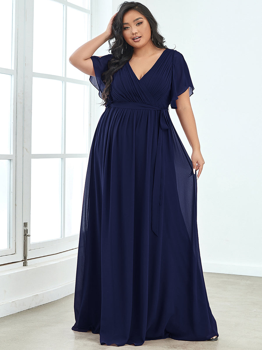 V-Ausschnitt kurze Ärmel Bodenlaenge A-Linie Chiffon Abendkleider #Farbe_Marineblau
