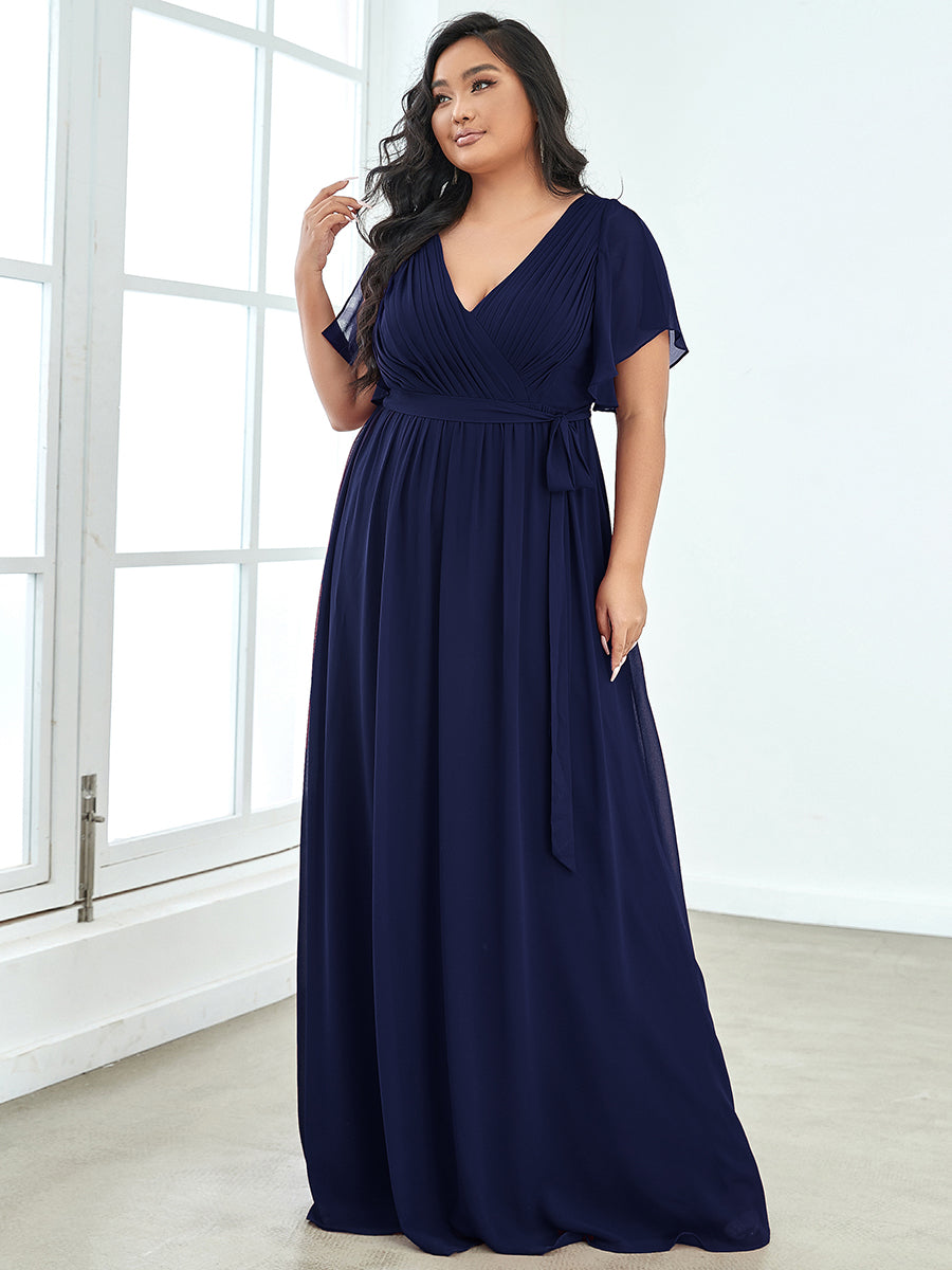 V-Ausschnitt kurze Ärmel Bodenlaenge A-Linie Chiffon Abendkleider #Farbe_Marineblau