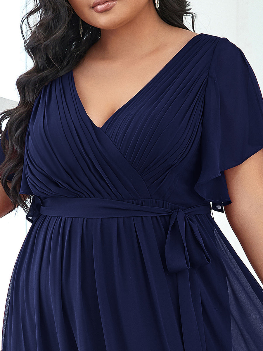V-Ausschnitt kurze Ärmel Bodenlaenge A-Linie Chiffon Abendkleider #Farbe_Marineblau