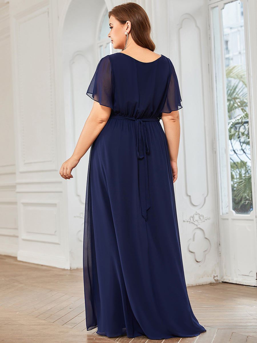 V-Ausschnitt kurze Ärmel Bodenlaenge A-Linie Chiffon Abendkleider #Farbe_Marineblau
