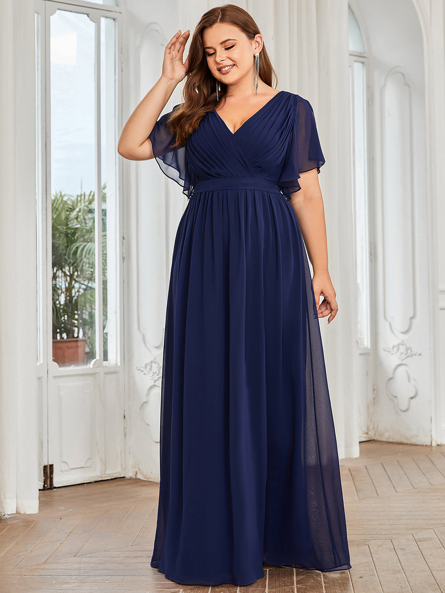 V-Ausschnitt kurze Ärmel Bodenlaenge A-Linie Chiffon Abendkleider #Farbe_Marineblau