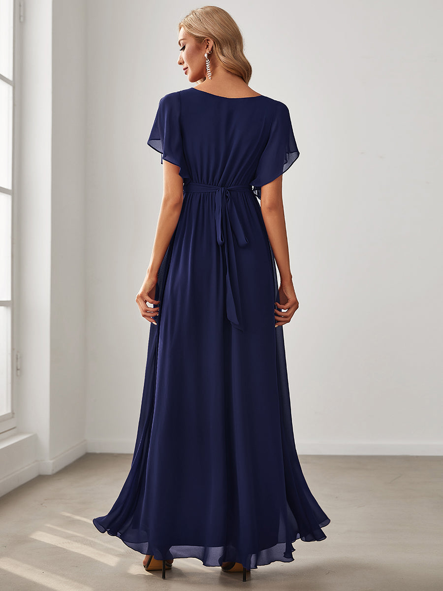 V-Ausschnitt kurze Ärmel Bodenlaenge A-Linie Chiffon Abendkleider #Farbe_Marineblau