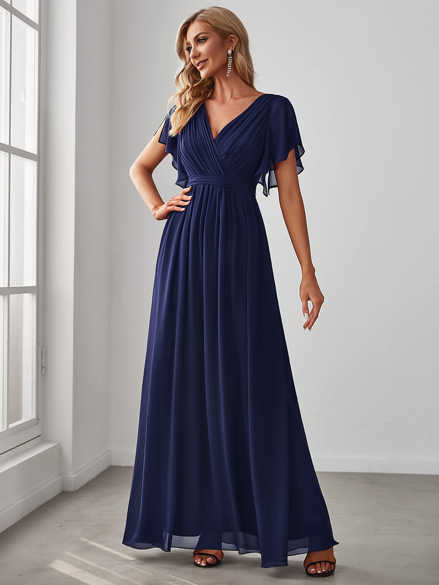 V-Ausschnitt kurze Ärmel Bodenlaenge A-Linie Chiffon Abendkleider #Farbe_Marineblau