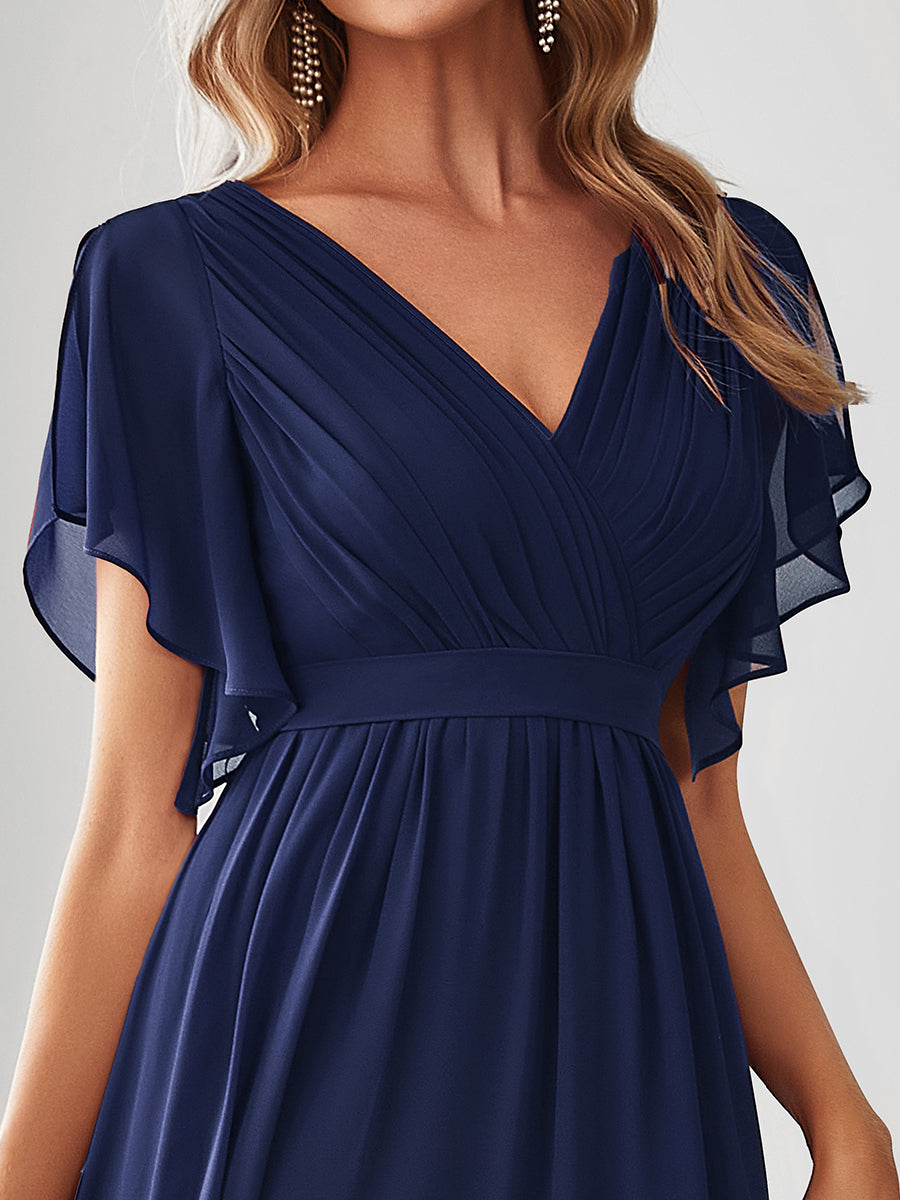 V-Ausschnitt kurze Ärmel Bodenlaenge A-Linie Chiffon Abendkleider #Farbe_Marineblau