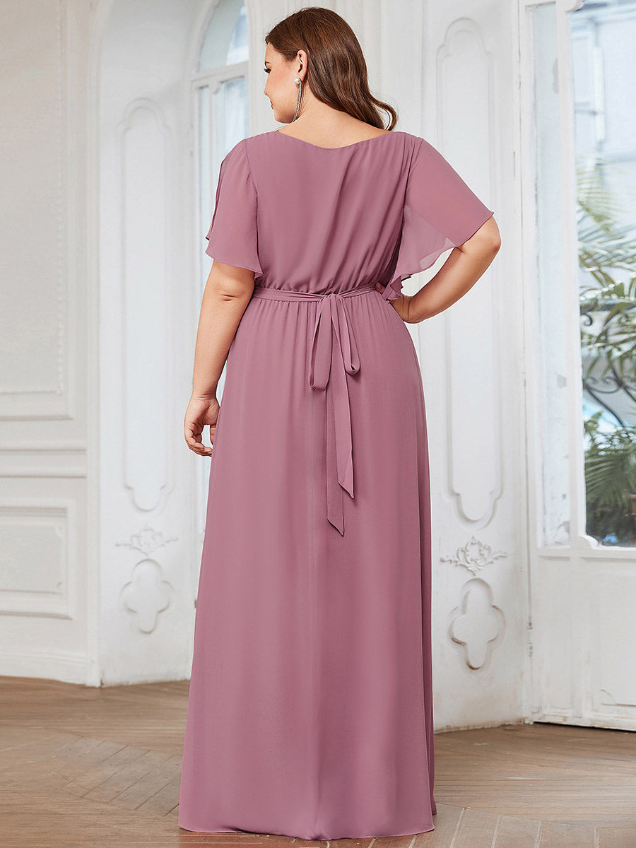 V-Ausschnitt kurze Ärmel Bodenlaenge A-Linie Chiffon Abendkleider #Farbe_Orchideenviolett