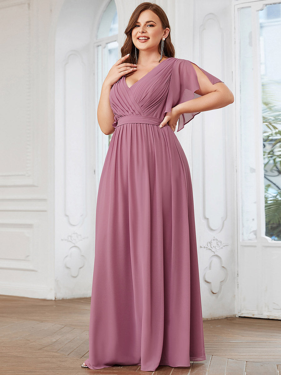 V-Ausschnitt kurze Ärmel Bodenlaenge A-Linie Chiffon Abendkleider #Farbe_Orchideenviolett