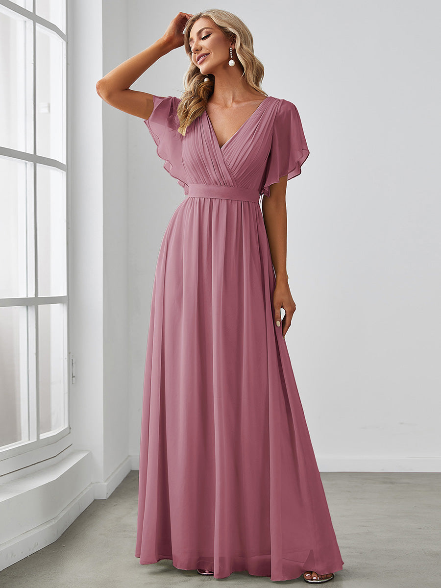 V-Ausschnitt kurze Ärmel Bodenlaenge A-Linie Chiffon Abendkleider #Farbe_Orchideenviolett