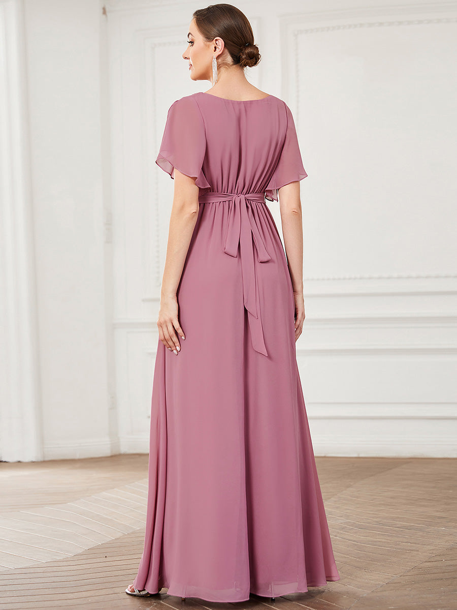 V-Ausschnitt kurze Ärmel Bodenlaenge A-Linie Chiffon Abendkleider #Farbe_Orchideenviolett