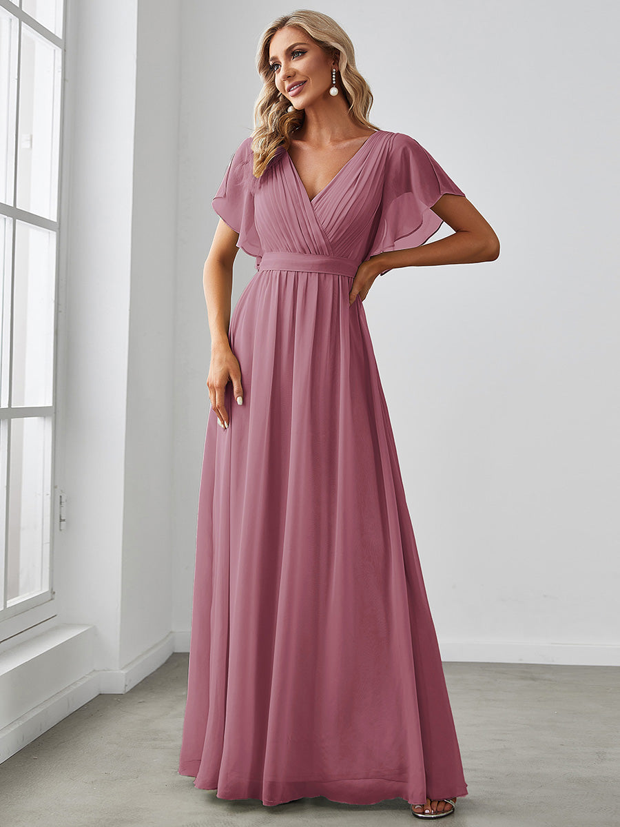 V-Ausschnitt kurze Ärmel Bodenlaenge A-Linie Chiffon Abendkleider #Farbe_Orchideenviolett