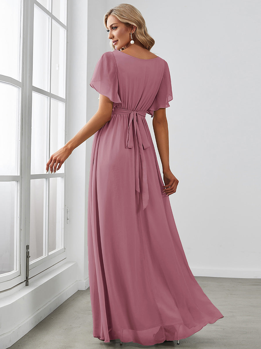 V-Ausschnitt kurze Ärmel Bodenlaenge A-Linie Chiffon Abendkleider #Farbe_Orchideenviolett