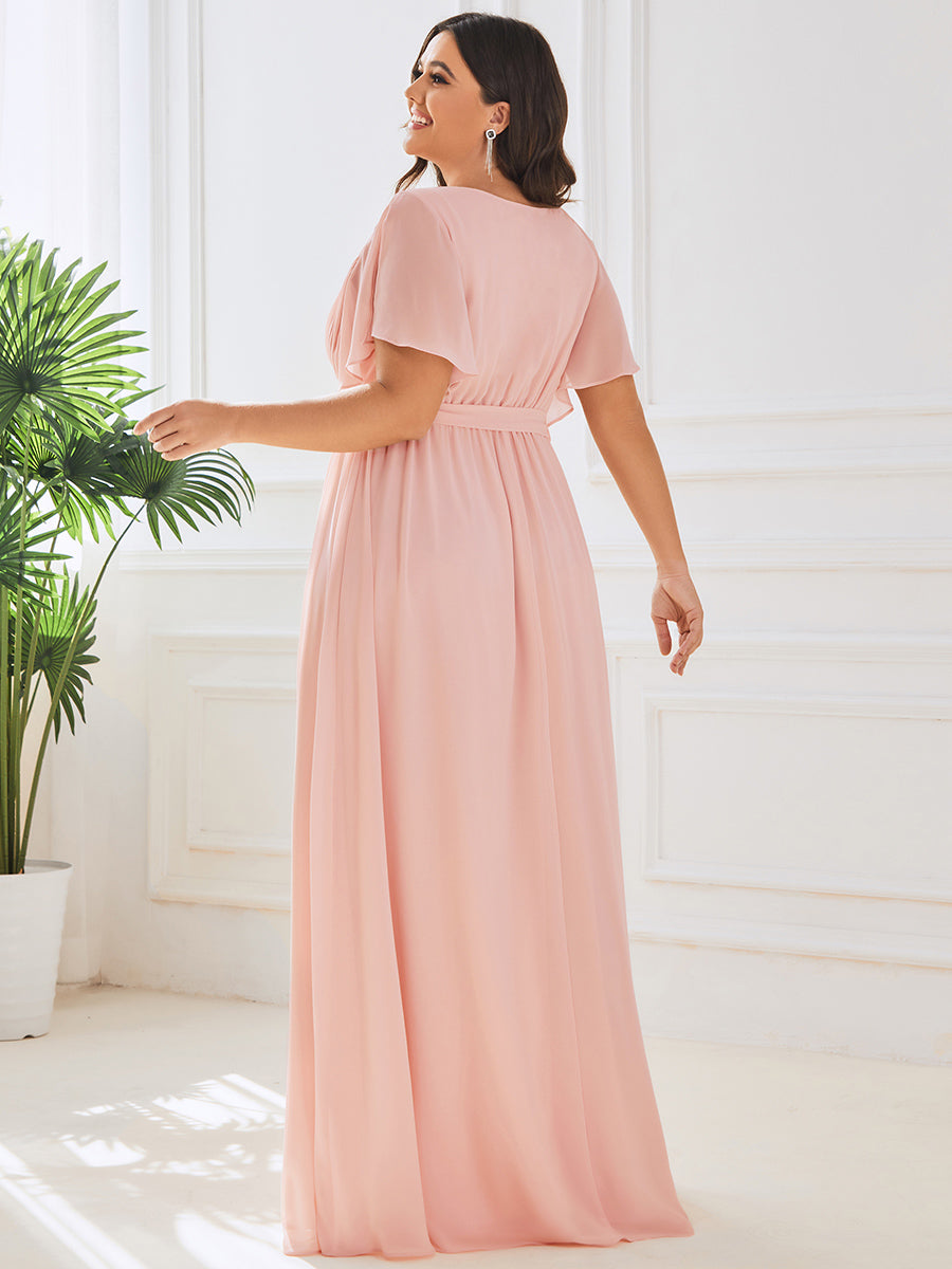 V-Ausschnitt kurze Ärmel Bodenlaenge A-Linie Chiffon Abendkleider #Farbe_Pink