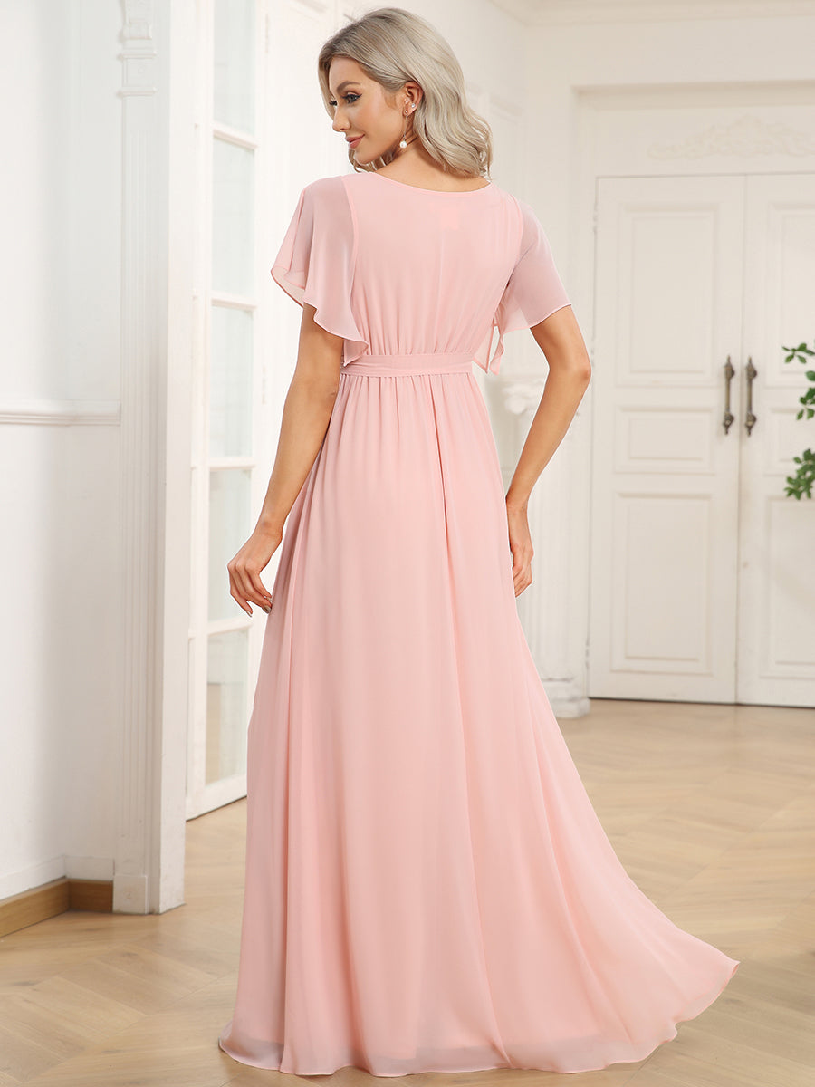 V-Ausschnitt kurze Ärmel Bodenlaenge A-Linie Chiffon Abendkleider #Farbe_Pink