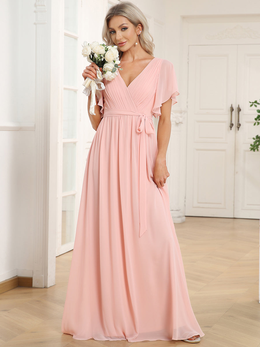 V-Ausschnitt kurze Ärmel Bodenlaenge A-Linie Chiffon Abendkleider #Farbe_Pink