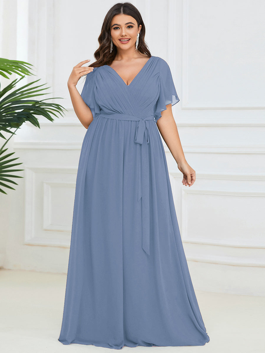 V-Ausschnitt kurze Ärmel Bodenlaenge A-Linie Chiffon Abendkleider #Farbe_Schieferblau