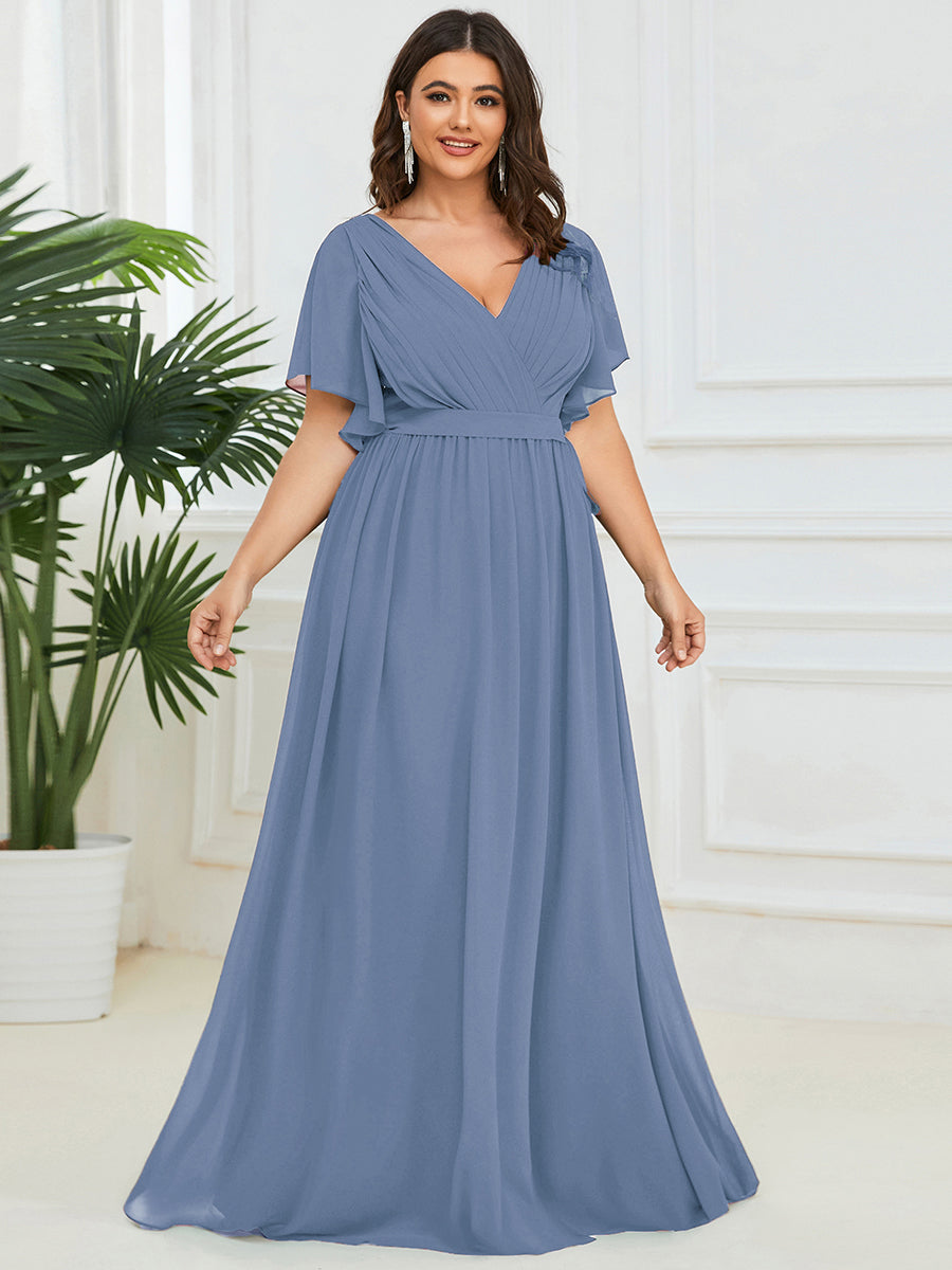 V-Ausschnitt kurze Ärmel Bodenlaenge A-Linie Chiffon Abendkleider #Farbe_Schieferblau