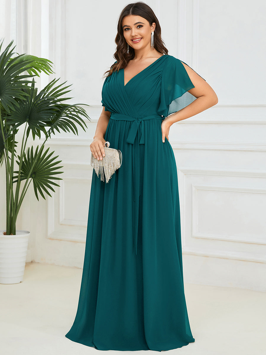 V-Ausschnitt kurze Ärmel Bodenlaenge A-Linie Chiffon Abendkleider #Farbe_Petrol