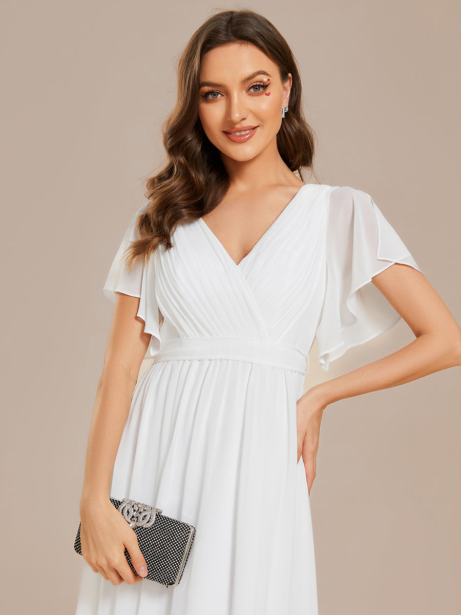 V-Ausschnitt kurze Ärmel Bodenlaenge A-Linie Chiffon Abendkleider #Farbe_Weiß