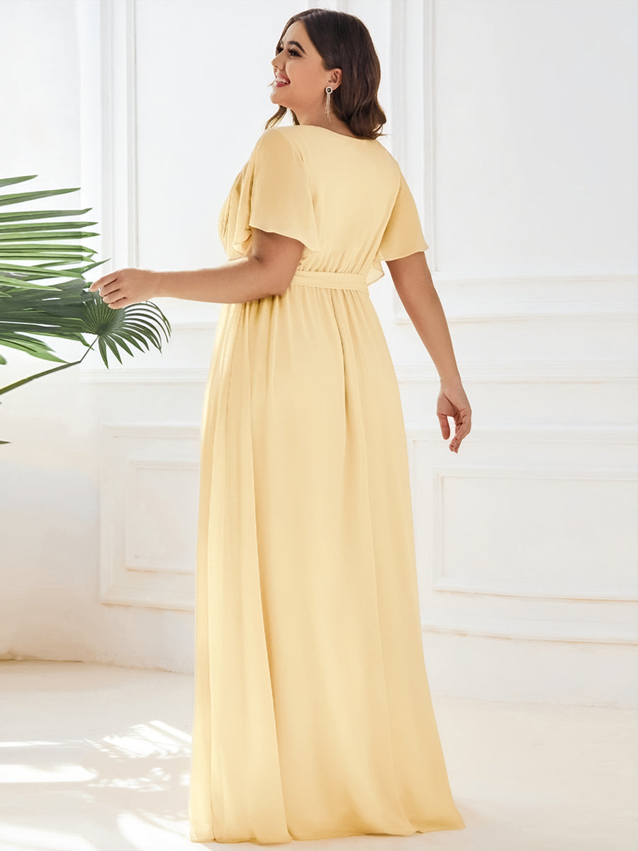 V-Ausschnitt kurze Ärmel Bodenlaenge A-Linie Chiffon Abendkleider #Farbe_Gelb