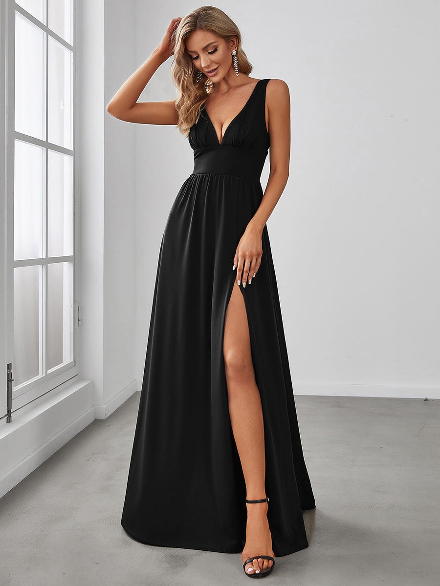 Doppelter V-Ausschnitt A-Linie Lang Ballkleid mit Schlitz Ballkleider #farbe_Schwarz