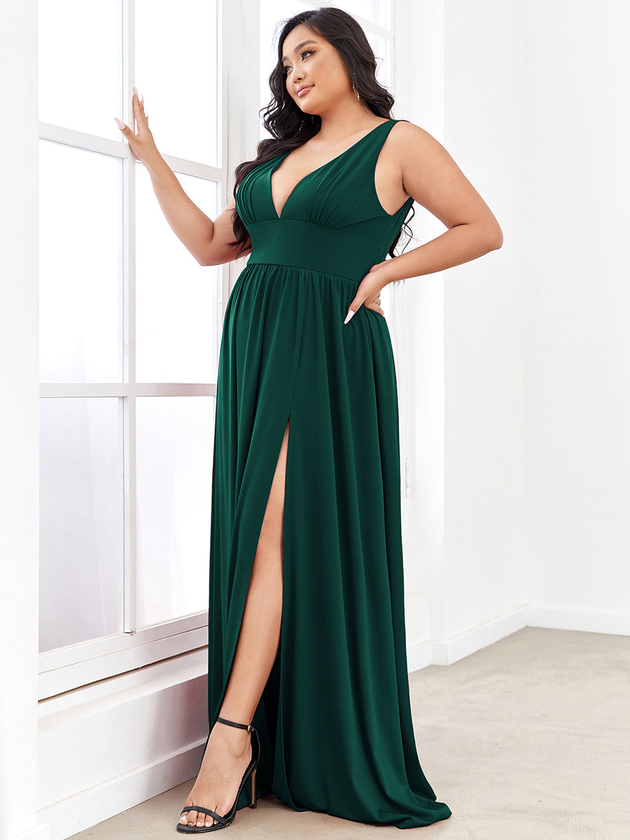 Doppelter V-Ausschnitt A-Linie Lang Ballkleid mit Schlitz Ballkleider #farbe_Dunkelgrün