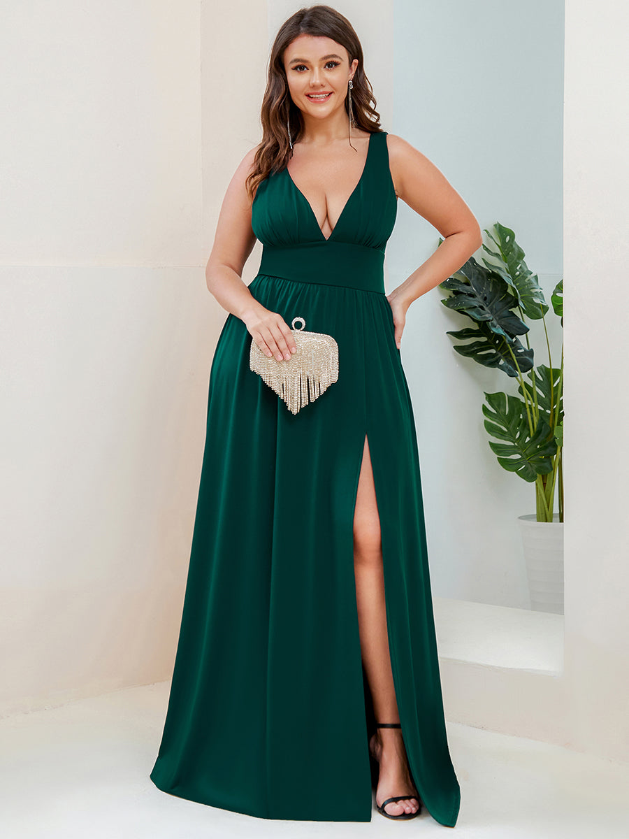 Doppelter V-Ausschnitt A-Linie Lang Ballkleid mit Schlitz Ballkleider #farbe_Dunkelgrün
