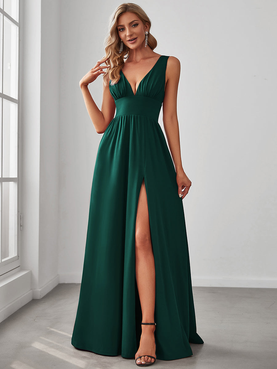 Doppelter V-Ausschnitt A-Linie Lang Ballkleid mit Schlitz Ballkleider #farbe_Dunkelgrün