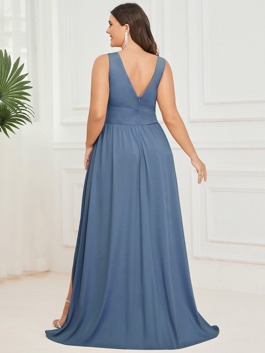 Doppelter V-Ausschnitt A-Linie Lang Ballkleid mit Schlitz Ballkleider #farbe_Taubenblau
