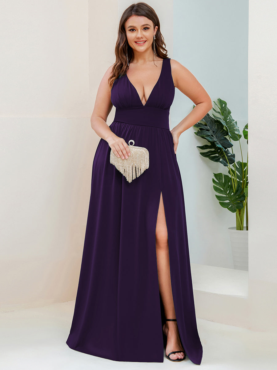 Doppelter V-Ausschnitt A-Linie Lang Ballkleid mit Schlitz Ballkleider #farbe_Dunkelviolett