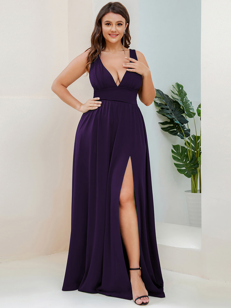 Doppelter V-Ausschnitt A-Linie Lang Ballkleid mit Schlitz Ballkleider #farbe_Dunkelviolett