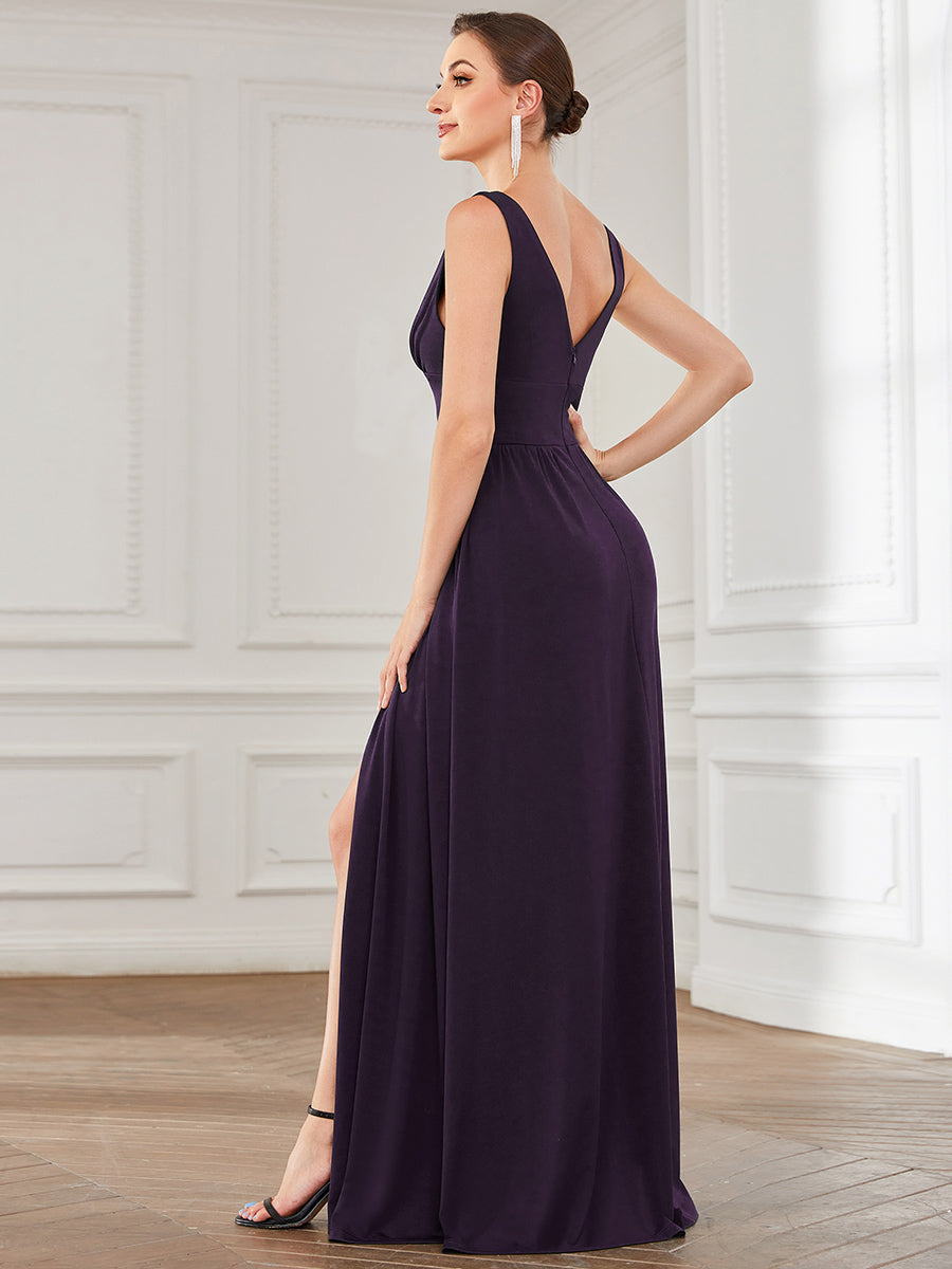 Doppelter V-Ausschnitt A-Linie Lang Ballkleid mit Schlitz Ballkleider #farbe_Dunkelviolett