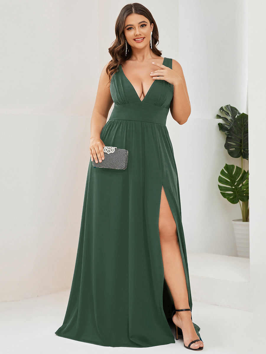 Doppelter V-Ausschnitt A-Linie Lang Ballkleid mit Schlitz Ballkleider #farbe_Eukalyptus